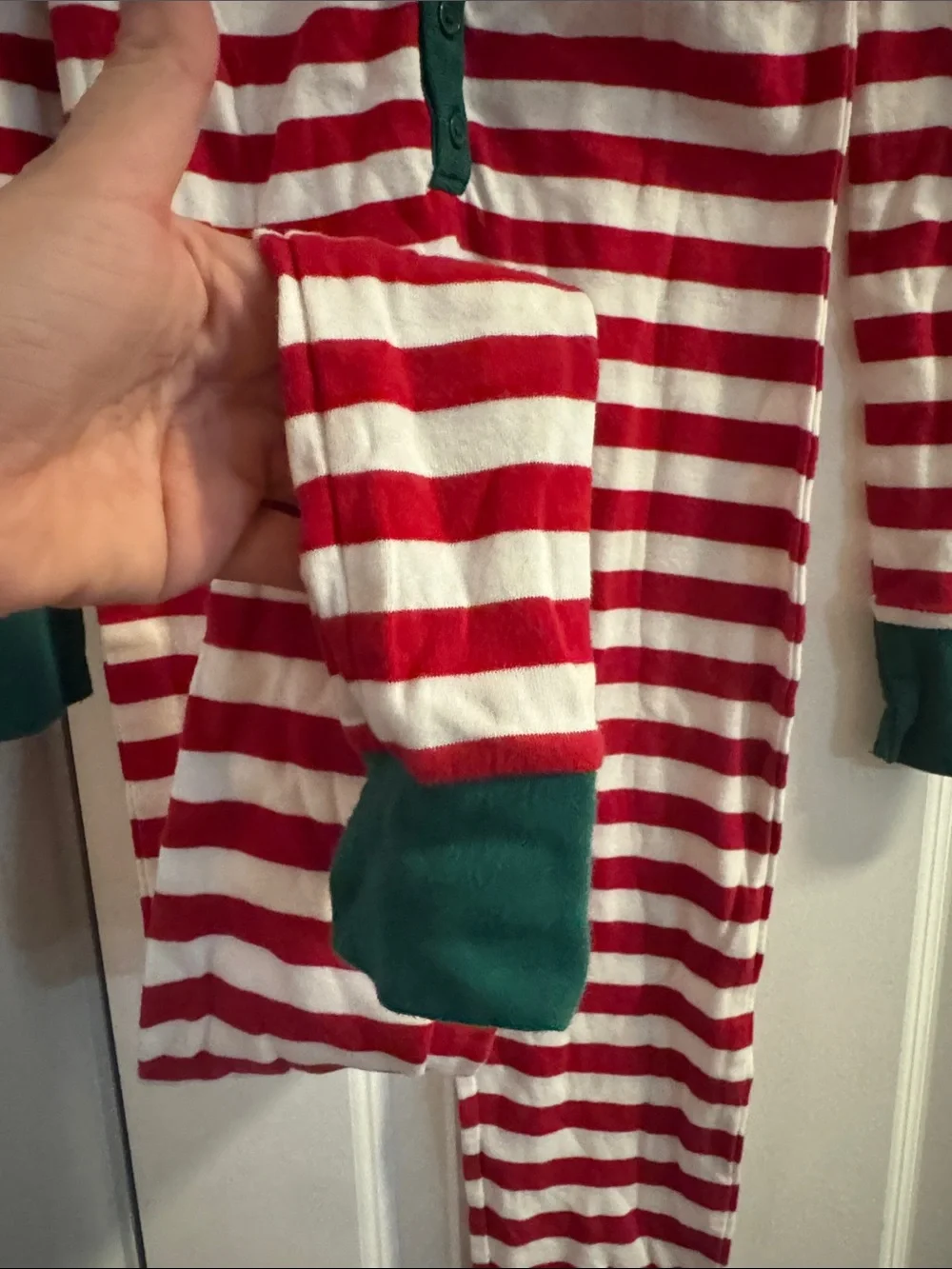 Old Navy Red & White Striped Kids One-Piece Pajama with Green Trim